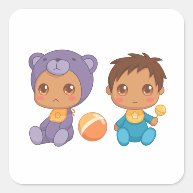 Baby Boy Twins Purple Bear Jumpsuit Square Sticker (Front)