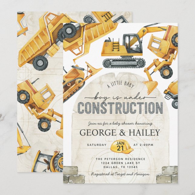 Baby Boy Under Construction Dump Truck Baby Shower Invitation (Front/Back)