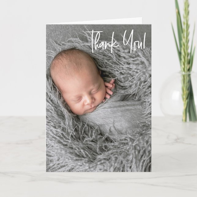 Baby Boy vertical Photo baby shower Handlettering Thank You Card (Front)