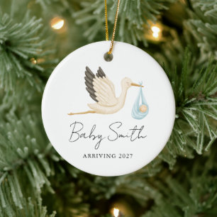 Baby Boy Water Colour Stork Announcement Year Ceramic Ornament