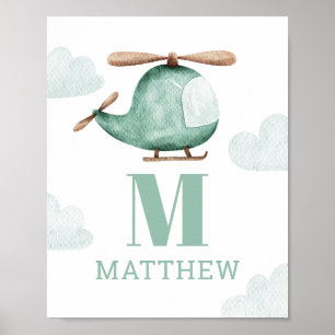 Baby Boy Watercolor Helicopter   Nursery Monogram Poster
