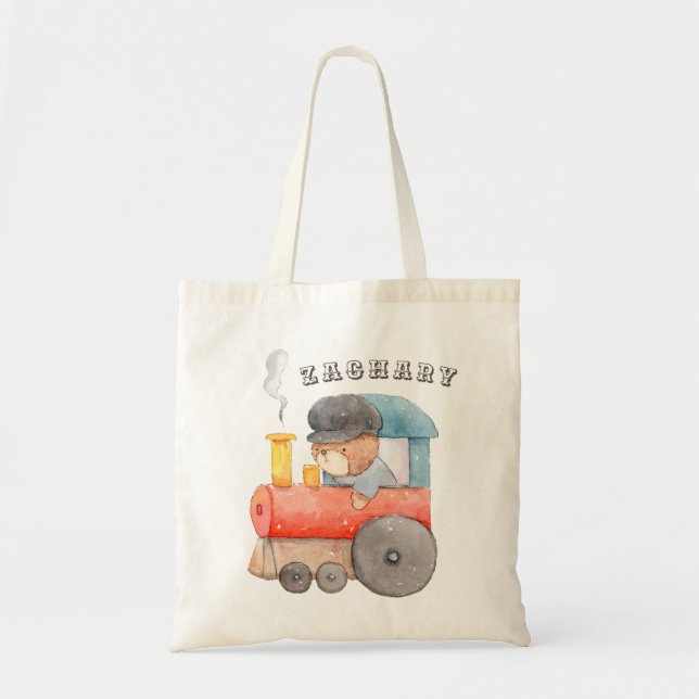 Baby Boy Watercolor Teddy Bear Train Diaper Tote Bag (Front)