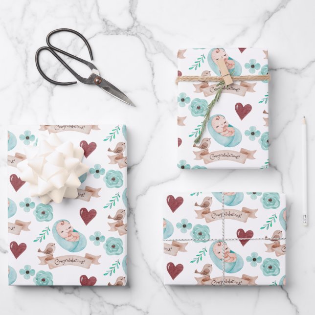 Baby Boy Wrapping Paper Flat Sheet Set of 3 (Front)