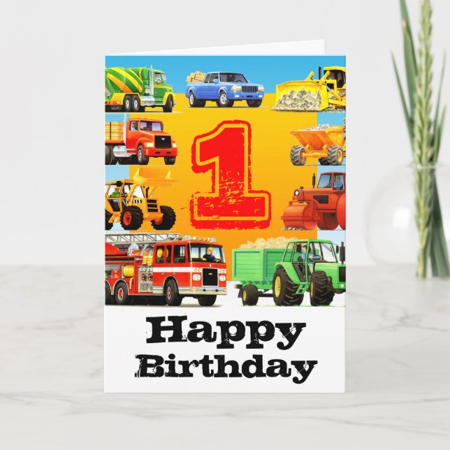 Baby Boy's 1st Birthday Construction Truck Card (Front)