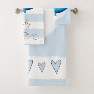 Baby Boys Blue Watercolor Whale Ocean Animal Name Bath Towel Set