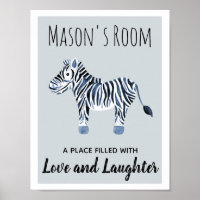 Baby Boy's Blue Watercolor Zebra Nursery Art