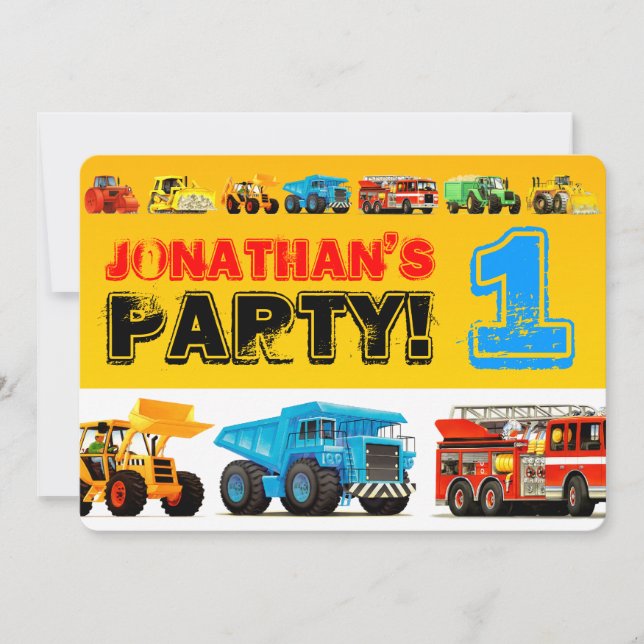 Baby Boy's Construction Trucks 1st Birthday Party Invitation (Front)