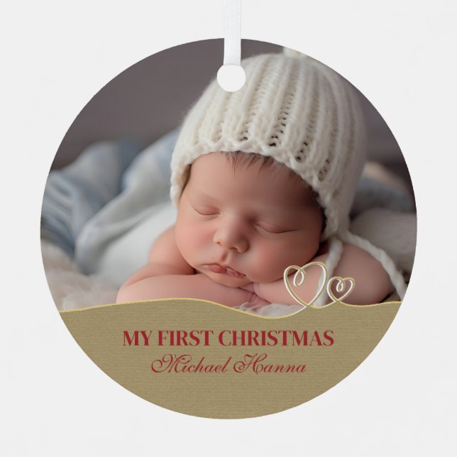 Baby Boy's First Christmas Birth Stats & Photo Metal Ornament (Front)