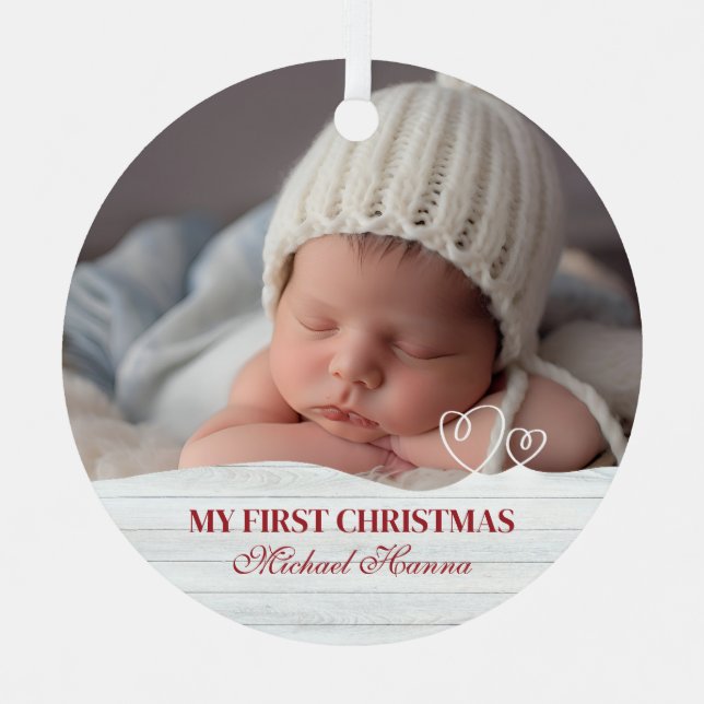 Baby Boy's First Christmas Birth Stats & Photo Metal Ornament (Front)