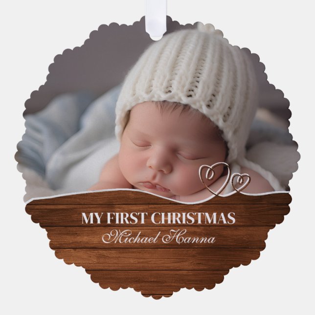 Baby Boy's First Christmas Birth Stats & Photo Ornament Card (Front)