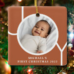 Baby Boy's First Christmas Photo Terracotta Ceramic Ornament<br><div class="desc">This simple Baby Boy's First Christmas Photo Ornament is decorated with the word JOY on a terracotta background.
Easily customizable with your photo,  name,  and year.</div>