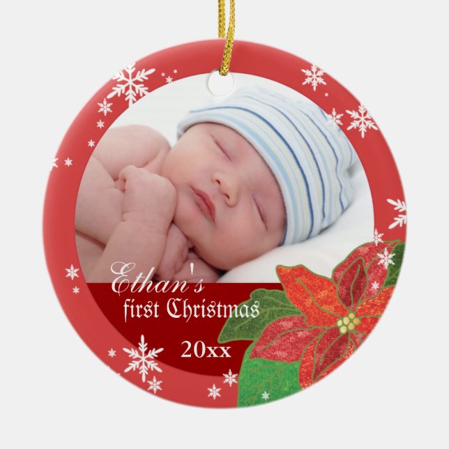 Baby Boy's First Christmas Red Gift Photo Ornament (Front)