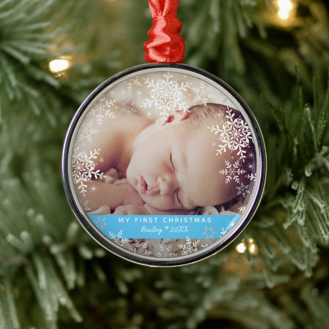 Baby Boy's First Christmas Snowflakes Blue Silver Metal Ornament (Tree)