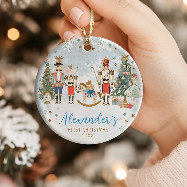 Baby boy's First Christmas Watercolor Nutcracker Ceramic Ornament (Creator Uploaded)