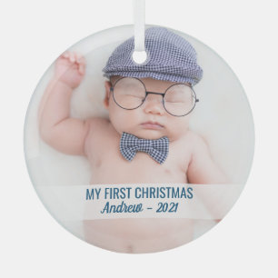 Baby boy's first Christmas with name cute photo  Glass Ornament