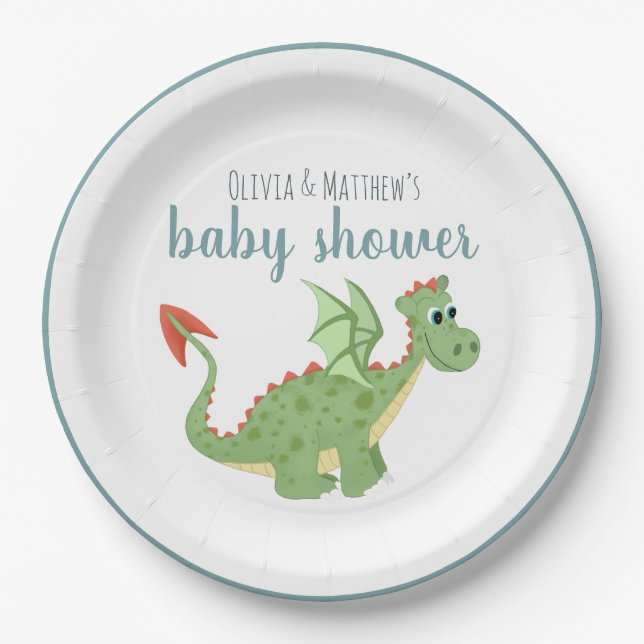 Baby Boys Magical Green Dragon Baby Shower Paper Plate (Front)