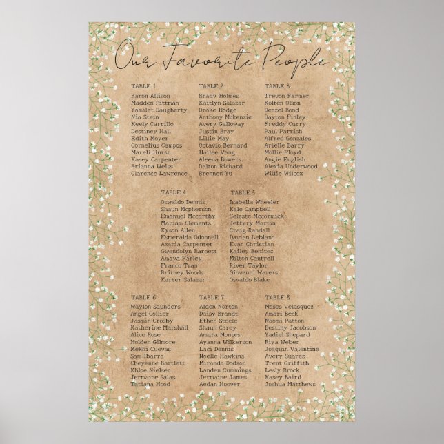    Baby Breath Floral Rustic Wedding Seating Chart (Front)