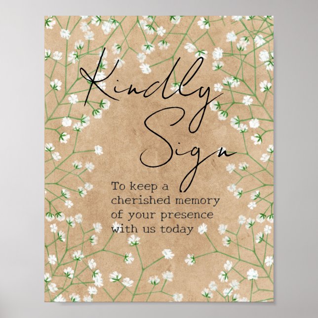  Baby Breath Flowers Rustic Kindly Sign Guest Book (Front)