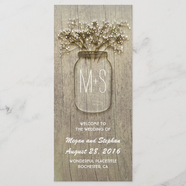 baby' breath mason jar rustic wedding program (Front)