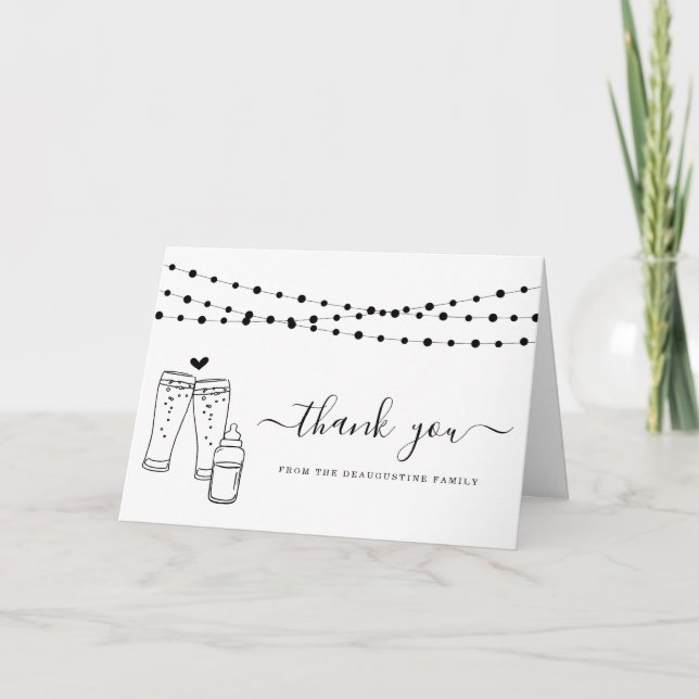 Baby Brewing Beer & Baby Bottle Toast Thank You Card (Front)