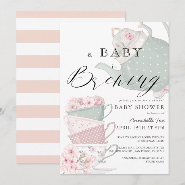 Baby Brewing Pink Tea Party Virtual Baby Shower Invitation (Front/Back)
