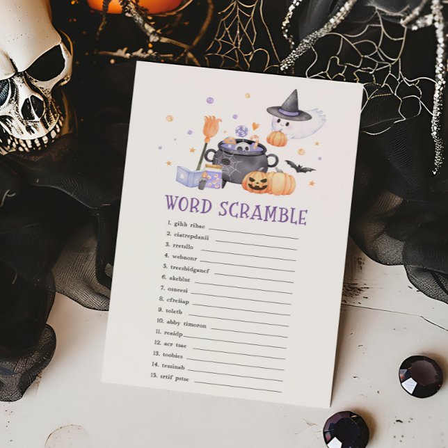 Baby Brewing Purple Halloween Word Scramble Game (Baby is Brewing Baby Shower Word Scramble Game)