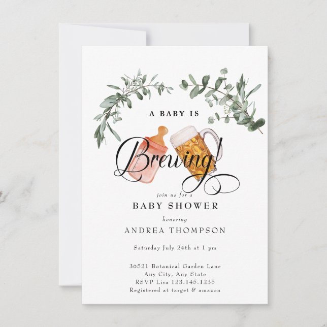 Baby Brewing | Watercolor Baby Shower  Invitation (Front)