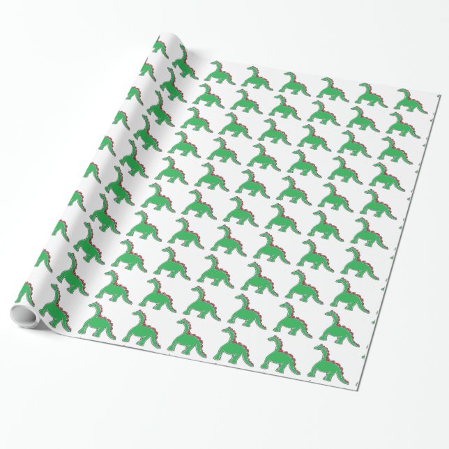 Baby Brontosaurus Cartoon Dinosaur Gear Wrapping Paper (Unrolled)