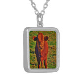 BABY BROWN COW EATING SILVER PLATED NECKLACE (Front Left)