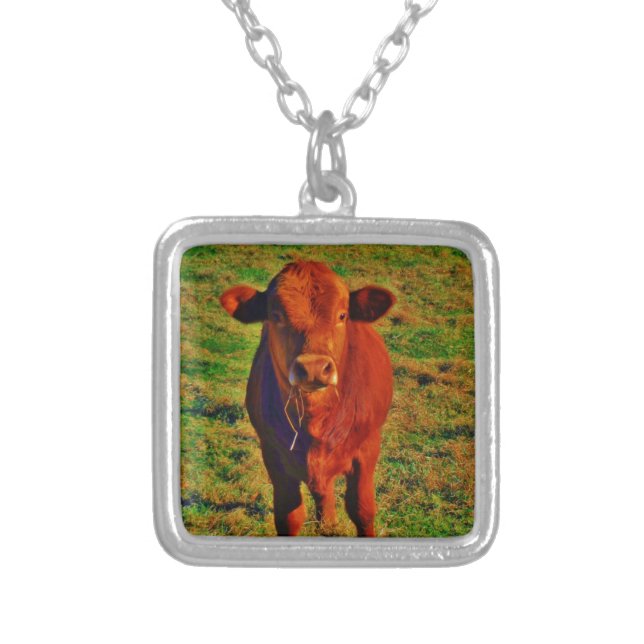 BABY BROWN COW EATING SILVER PLATED NECKLACE (Front)