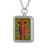 BABY BROWN COW EATING SILVER PLATED NECKLACE (Front Right)