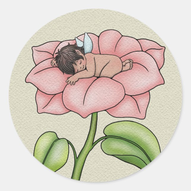 Baby Brown Skinned Fairy Sleeping in a Flower Classic Round Sticker (Front)