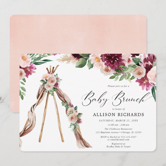 Baby brunch boho rustic fall floral girl shower invitation (Front/Back)