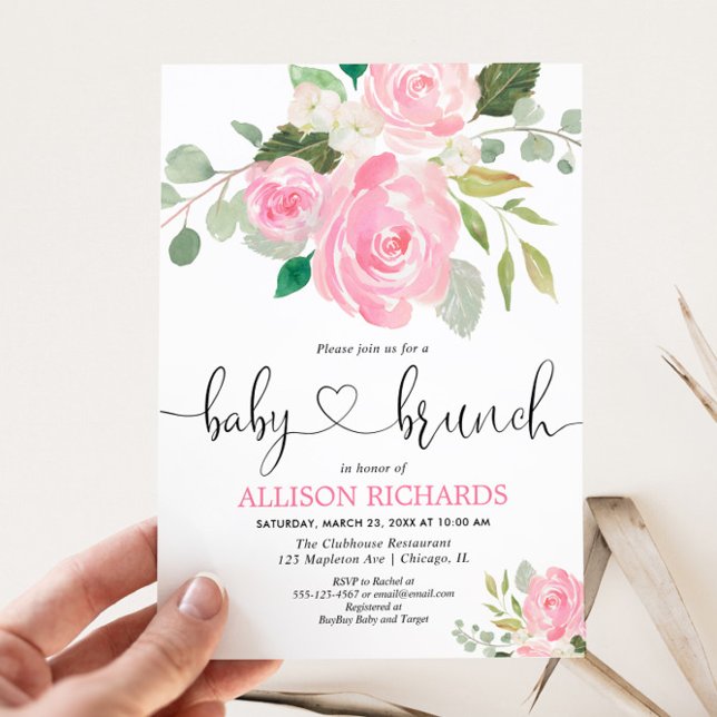 Baby brunch girl shower pink floral watercolors invitation (Creator Uploaded)