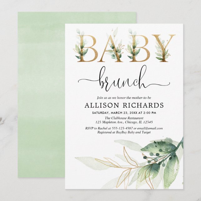 Baby brunch greenery gender neutral baby shower invitation (Front/Back)