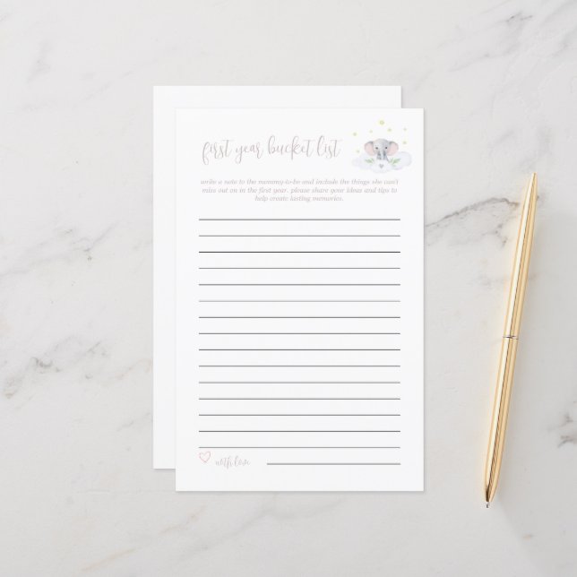 Baby Bucket List Game Elephant Baby Shower Pink (Front/Back In Situ)