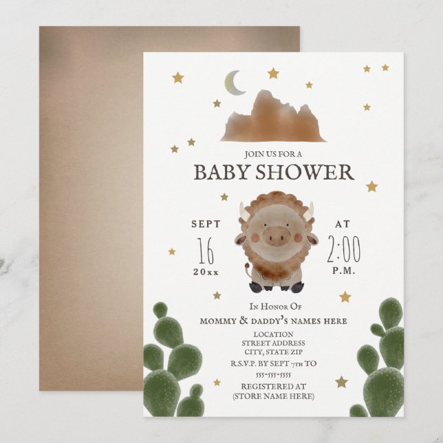 Baby Buffalo Mountain Cactus Stars Baby Shower Invitation (Front/Back)
