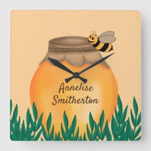 Baby Bumblebee and Honeypot Yellow Child's Nursery Square Wall Clock