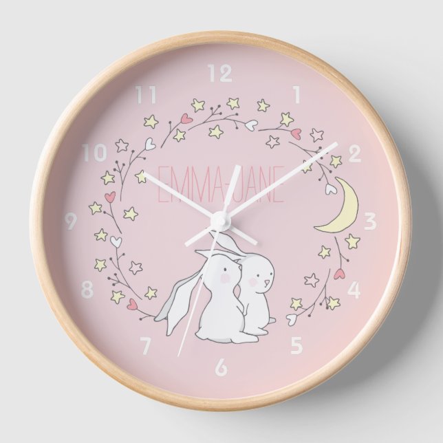 Baby Bunnies in a Wreath - Cute Personalized Kids  Clock (Front)