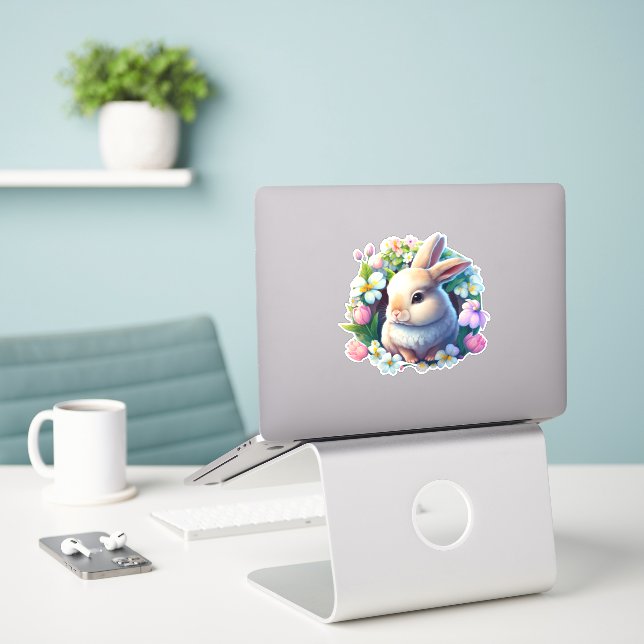Baby Bunny among Colourful Spring Flowers (Laptop On Desk)