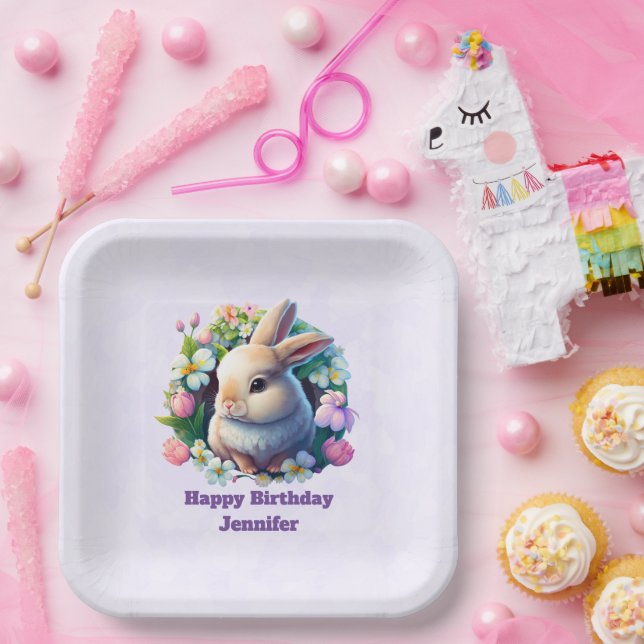 Baby Bunny among Colourful Spring Flowers Birthday Paper Plate (Party)