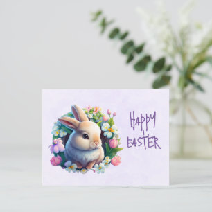 Baby Bunny among Colourful Spring Flowers Easter Holiday Postcard