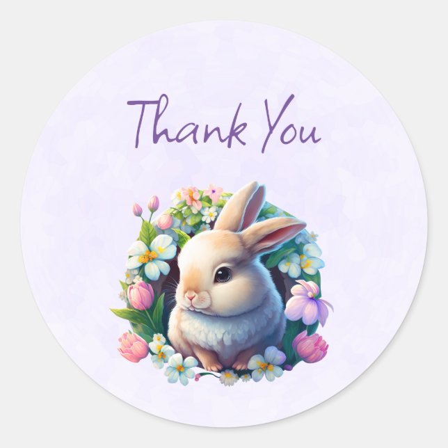 Baby Bunny among Colourful Spring Flowers Thank Yo Classic Round Sticker (Front)