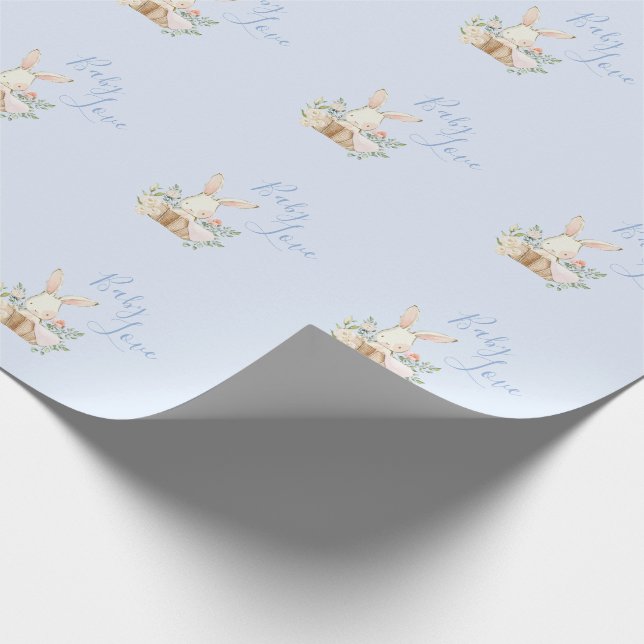 Baby Bunny Boy Blue Script Cute Baby Shower Wrapping Paper (Corner)