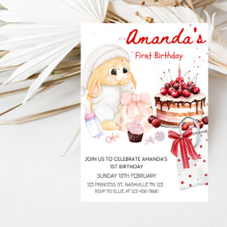 Baby Bunny & Cake Girl’s 1st Birthday Party Invitation