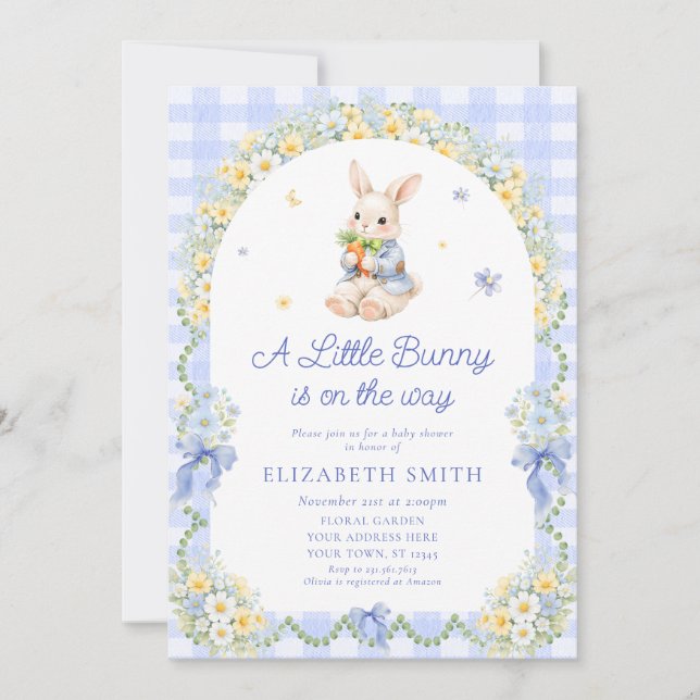 Baby Bunny Cute Rabbit Gingham Boy Baby Shower Invitation (Front)