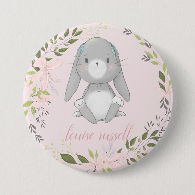 baby bunny floral baby shower 3 inch round button (Front)