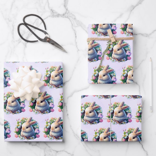  Baby Bunny in Colourful Spring Flowers Wrapping Paper Sheet (Front)