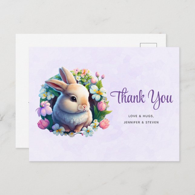 Baby Bunny in Spring Flowers Thank You Postcard (Front/Back)