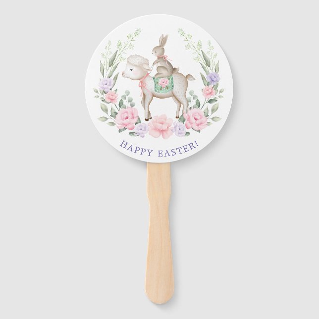 Baby Bunny & Lamb Spring Flowers Easter Party Hand Fan (Front)